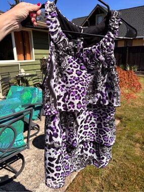Byline Byer California Purple Leopard Print Tiered  Blouse with Rosette Detail